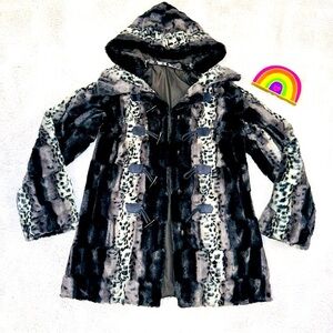 DENNIS BY DENNIS BASSO GRAY & BLACK ANIMAL PRINT REVERSIBLE FAUX FUR HOODED COAT